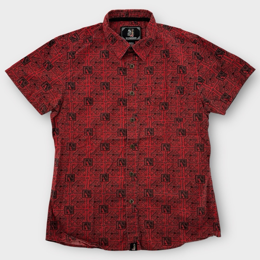 Vintage Hinano Tahiti Hawaiian Shirt Mens Small Red Hula Dancer Heads Aloha